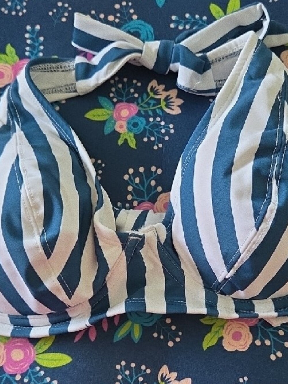 Shapermint Blue and White Striped Halter Bikini Top - Picture 3 of 6